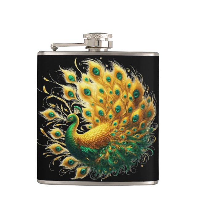 Majestic Golden Peacock Elegance Hip Flask (Front)