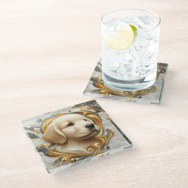 Majestic Golden Retriever Marble Essence Glass Coaster (Angled)