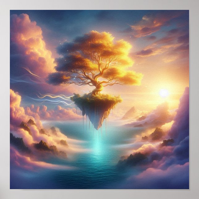 Majestic Golden Tree Over Dreamlike Ocean Skies Poster (Front)