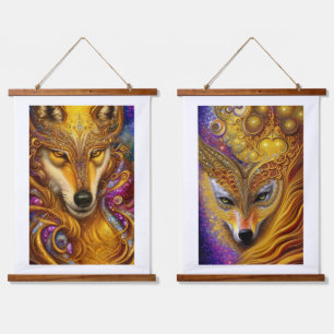 Majestic Golden Wolf Pair Fantasy AI Art Print Hanging Tapestry