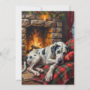 Majestic Great Dane Asleep by Fireplace Cosy Holiday Card