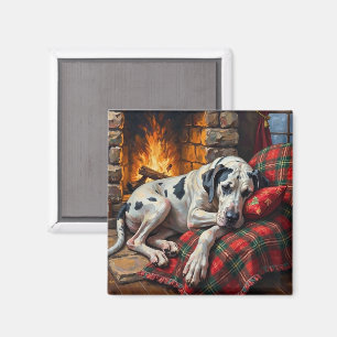 Majestic Great Dane Asleep by Fireplace Cozy Magnet