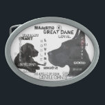 Majestic Great Danes Belt Buckle<br><div class="desc">Incredible black Great Danes puppy and adult painting with typography featuring some of the characteristics of this Apollo of all dogs.
Beautiful tribute to all Great Danes and their humans.
Personalise by changing the text or click customise to change the background colour and add your own touch.</div>