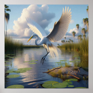 Majestic Great Egret in Tranquil Wetlands Poster