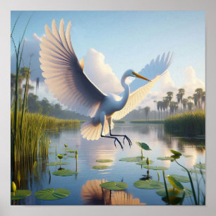 Majestic Great Egret in Tranquil Wetlands Poster