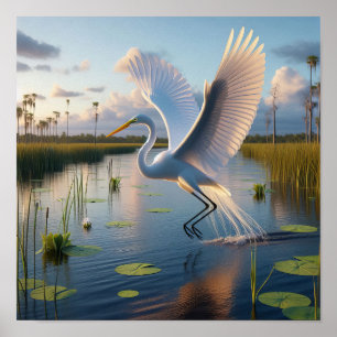 Majestic Great Egret in Tranquil Wetlands Poster