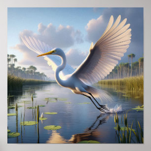 Majestic Great Egret in Tranquil Wetlands Poster