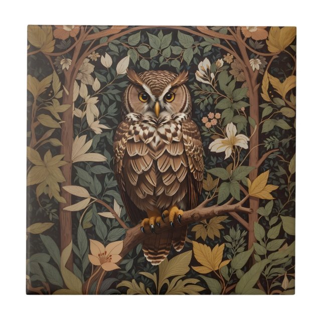 Majestic Great Horned Owl Forest Tile (Front)
