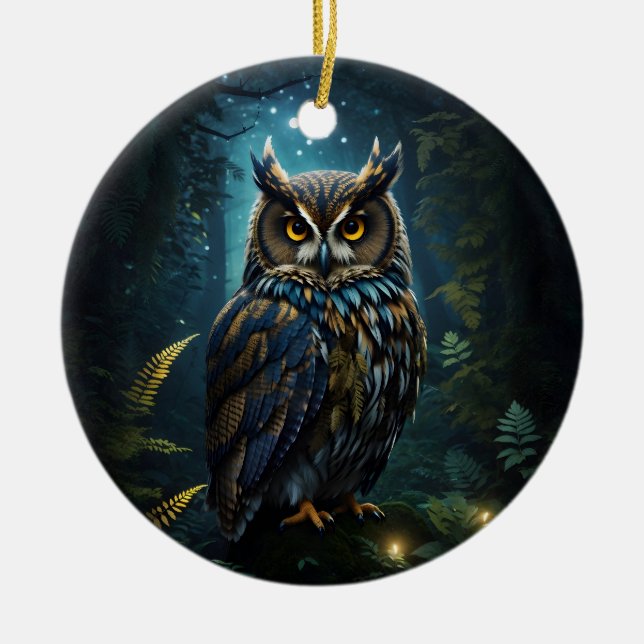 Majestic Great Horned Owl Glowing Night Scene Ceramic Tree Decoration (Front)