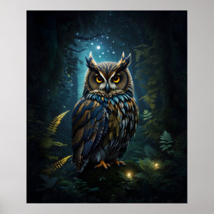 Majestic Great Horned Owl Glowing Night Scene Poster