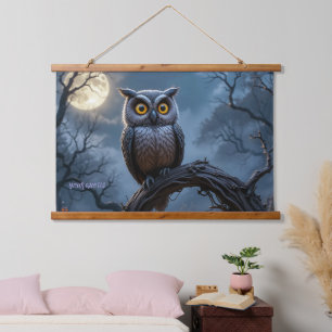 Majestic Great Horned Owl Under Full Moon Hanging Tapestry