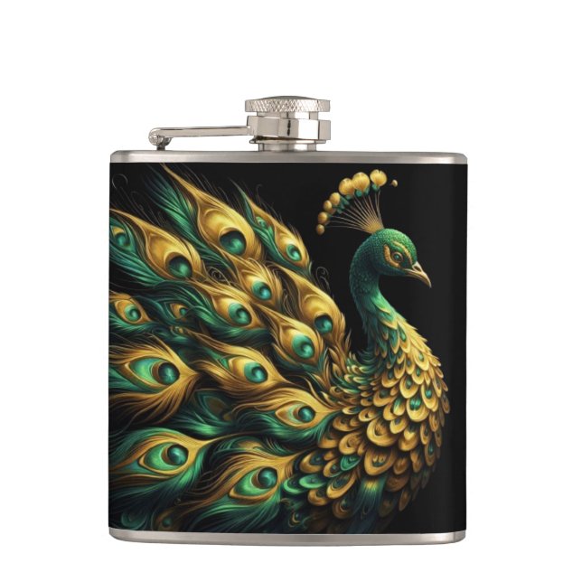 Majestic Green and Gold Peacock Hip Flask (Front)