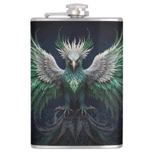 Majestic Green & White Phoenix Bird  Hip Flask