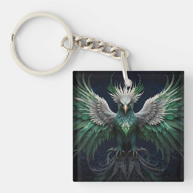Majestic Green & White Phoenix Bird Key Ring (Front)