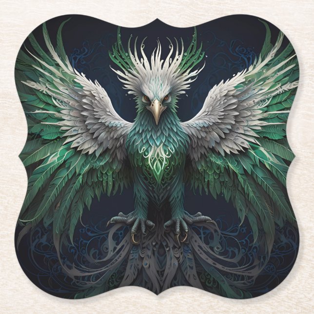 Majestic Green & White Phoenix Bird  Paper Coaster (Front)