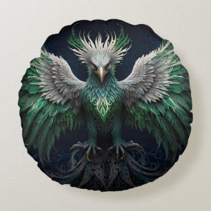 Majestic Green & White Phoenix Bird Round Cushion