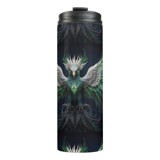 Majestic Green & White Phoenix Bird  Thermal Tumbler (Front)