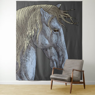Majestic Grey Horse with Flowing Mane Tapestry