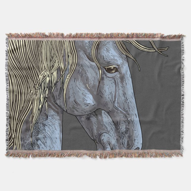 Majestic Grey Horse with Flowing Mane Throw Blanket (Front)