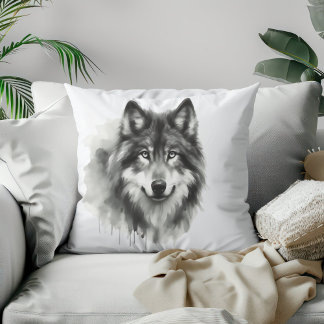 Majestic Grey Wolf Stunning Watercolor Wildlife Cushion