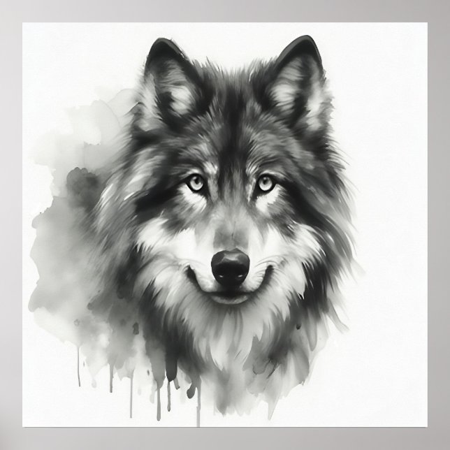 Majestic Grey Wolf Stunning Watercolor Wildlife Poster (Front)