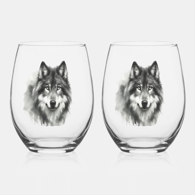Majestic Grey Wolf Stunning Watercolor Wildlife Stemless Wine Glass (Front)
