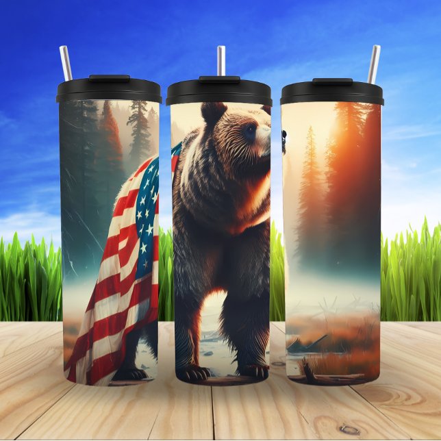 Majestic Grizzly Bear Patriotism Design Thermal Tumbler (Creator Uploaded)