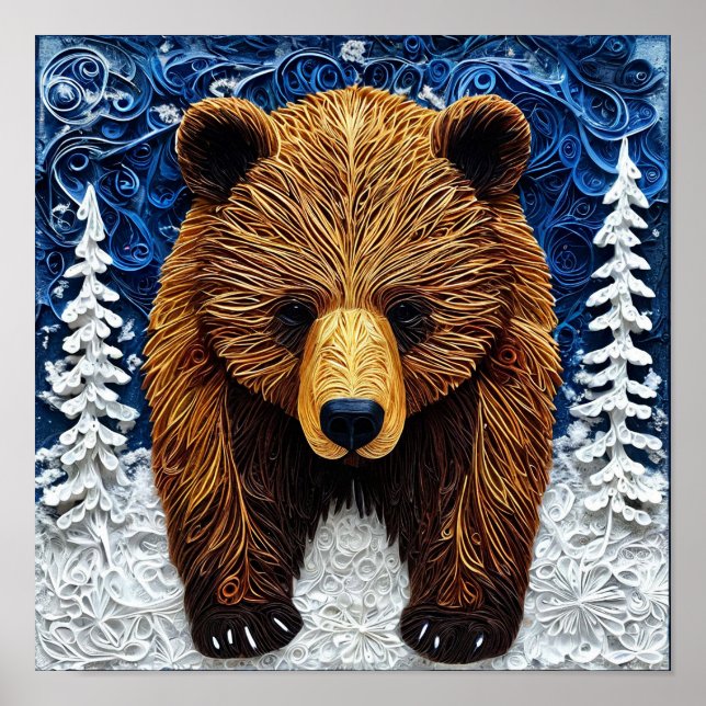 🐻 Majestic Grizzly Bear Sculpture Art Glow ✨ Poster (Front)