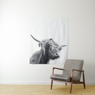 Majestic Highland cow black and white Tapestry
