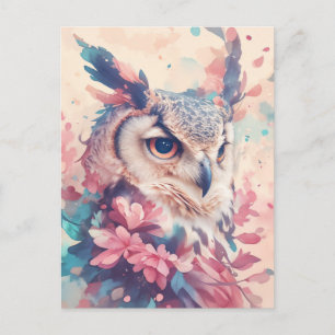 Majestic Horned Owl in Pink Floral Garden Postcard