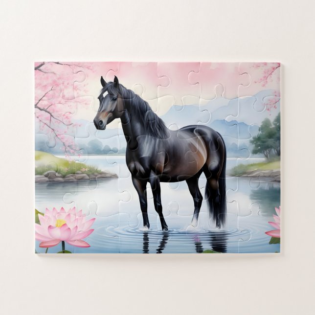 Majestic horse and beauty of lotus jigsaw puzzle (Horizontal)
