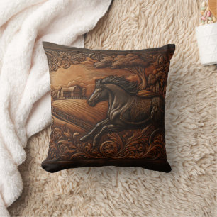Majestic Horse Carving in Rustic Landscape Cushion