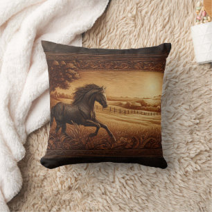 Majestic Horse Galloping in Golden Sunrise Field Cushion