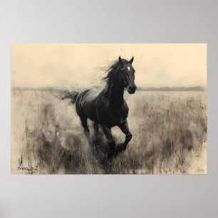 Majestic Horse Galloping in Nature - Monochrome Poster