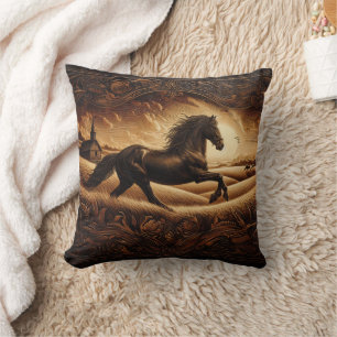 Majestic Horse Galloping Through Golden Field Cushion