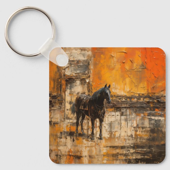 Majestic Horse in Abstract Sunset Key Ring (Front)