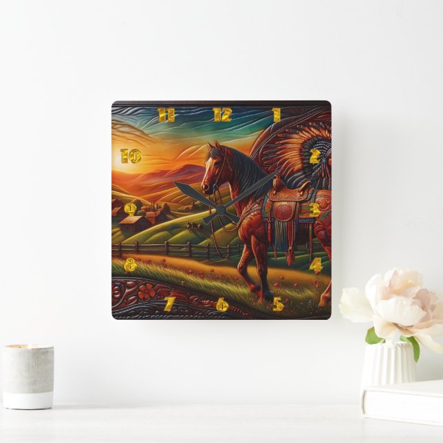 Majestic Horse in Colourful Sunset Landscape Square Wall Clock (Home)