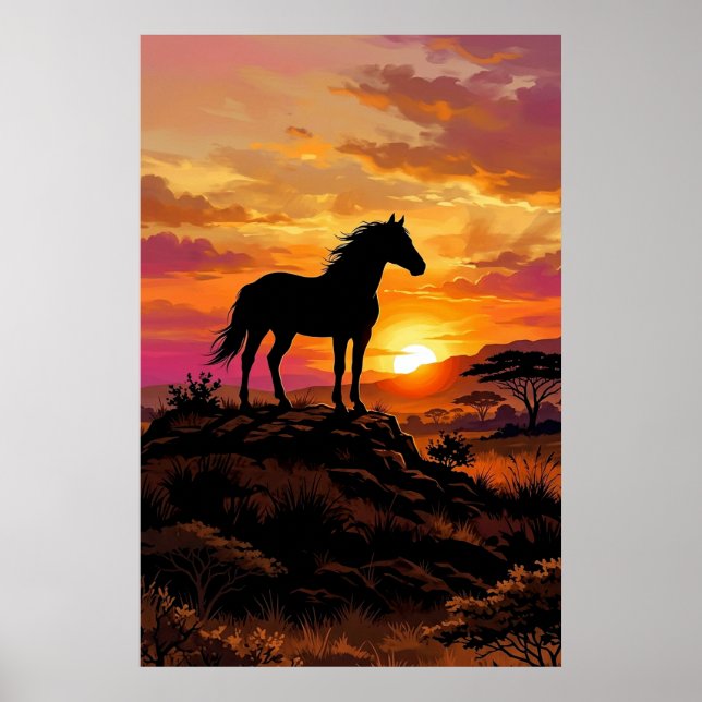 Majestic Horse Silhouette at Sunset Poster | Elega (Front)