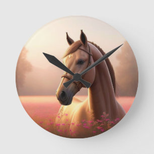 Majestic Horse Standing in Vibrant Meadow Round Clock