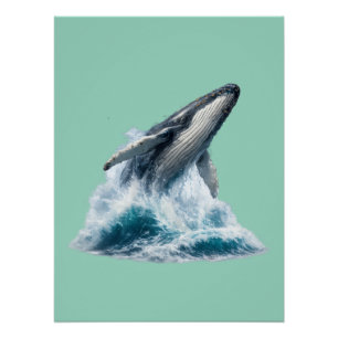 Majestic Humpback Whale Breaching Ocean Teal Wall  Poster