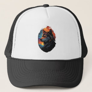 Majestic Husky Against a Sunset Sky Serenity View Trucker Hat