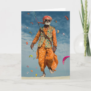 Majestic Indian Elder Kite Flying on the Beach Card