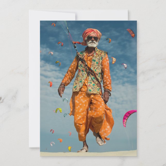 Majestic Indian Elder Kite Flying on the Beach Invitation (Front)