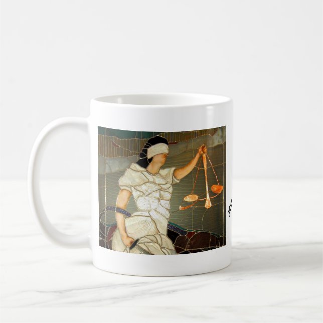 Majestic Lady Justice in Stained Glass Design Coffee Mug (Left)
