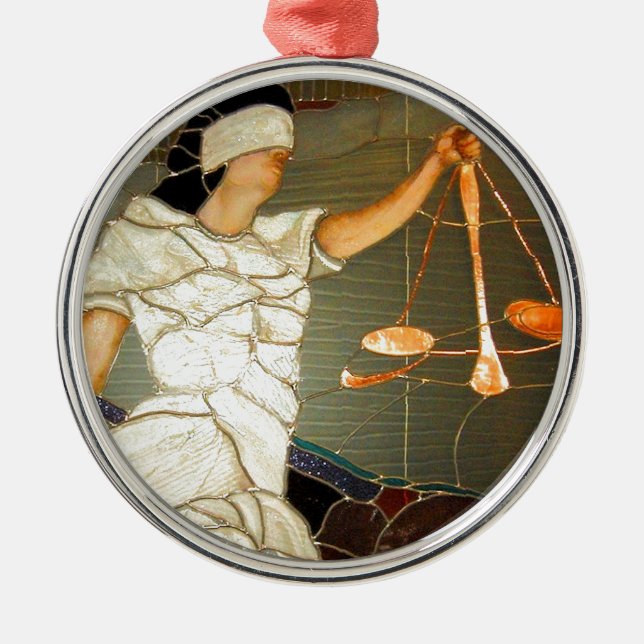 Majestic Lady Justice in Stained Glass Design Metal Tree Decoration (Front)