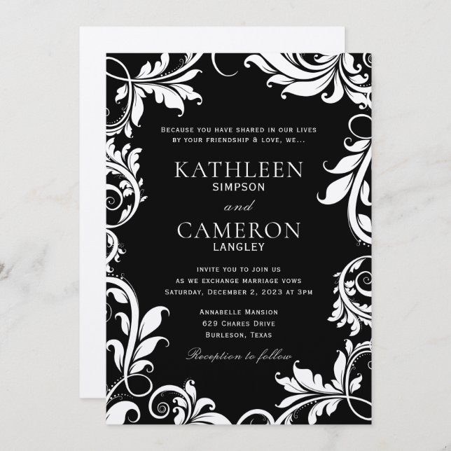 Majestic Leaves Invitation Template | Black & Ecru (Front/Back)