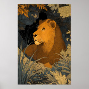 Majestic Leo Art Print Poised Lion with Blue and