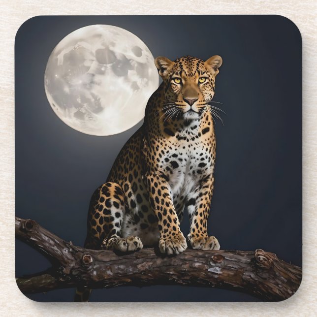 Majestic Leopard and Full Moon   Coaster (Front)