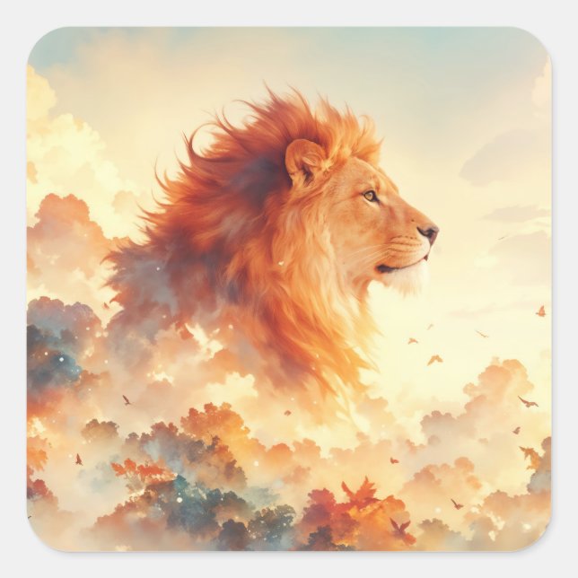 Majestic Lion Among Radiant Clouds Square Sticker (Front)