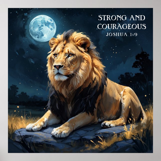 Majestic Lion at Night with Stars and Moon Faith Poster (Front)